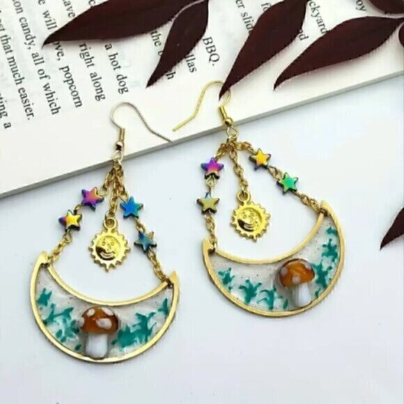 Drop Gold Plated Earrings Sun, Moon And Star Design - Picture 3 of 6